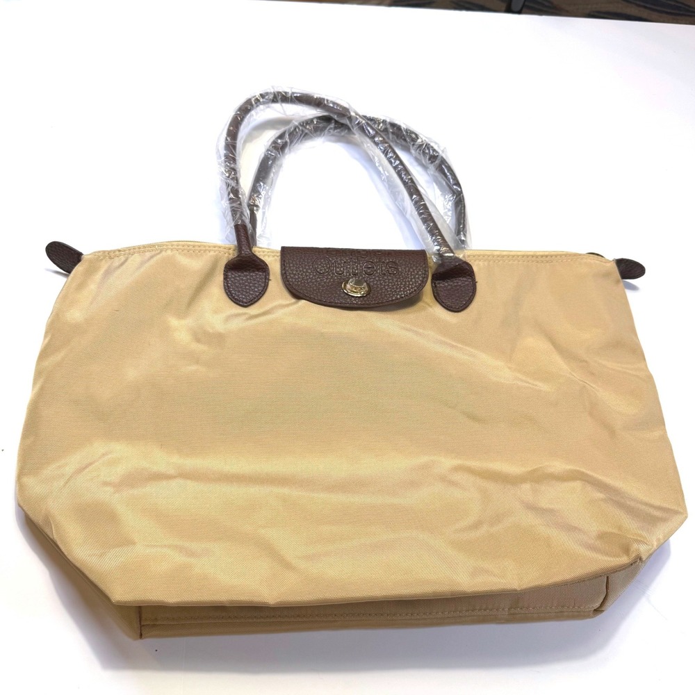 Tanger Outlets Tan Nylon Tote Bag Brown Faux Leather Trim Large Travel Handbag